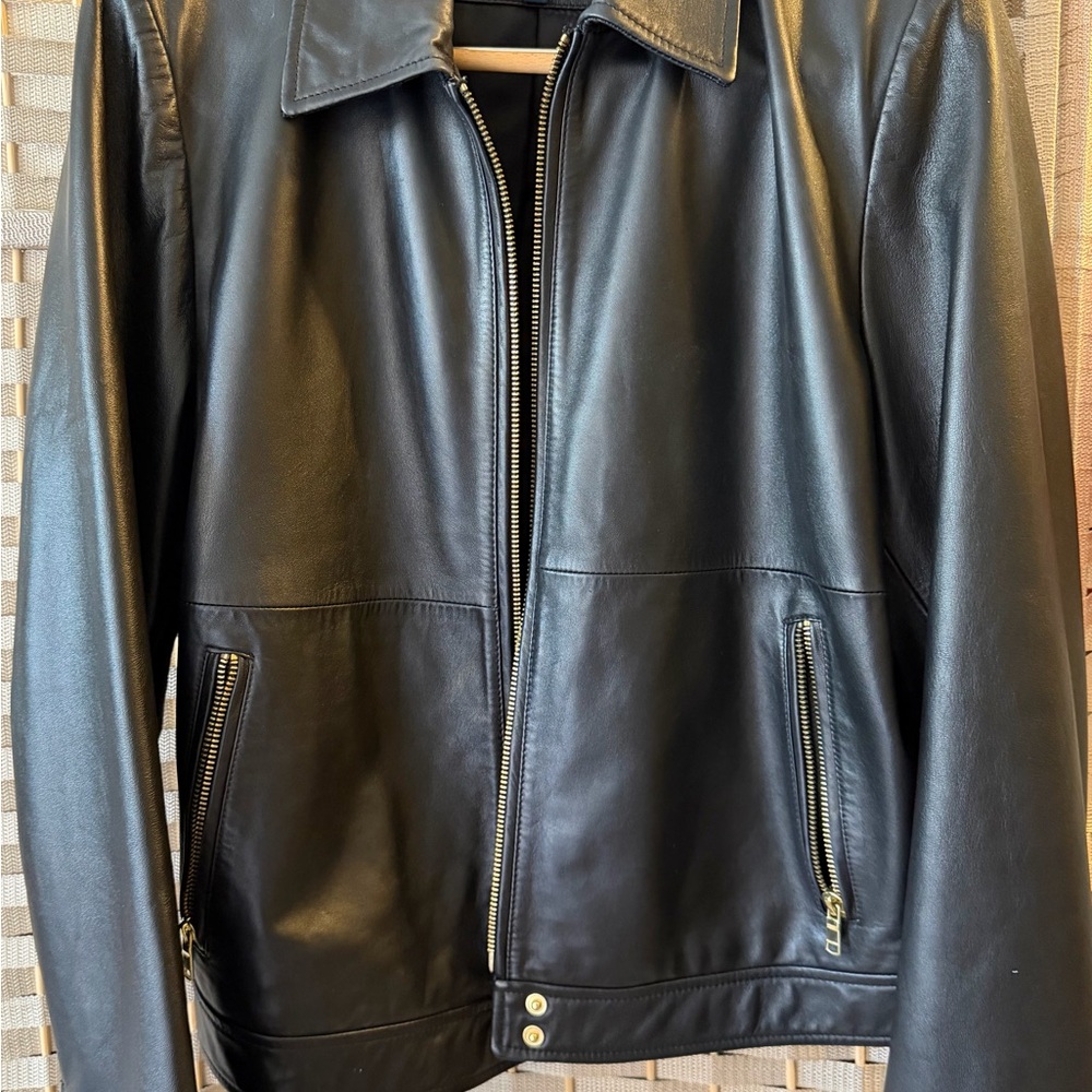 Cole Haan Black Leather Jacket with Blue Label
